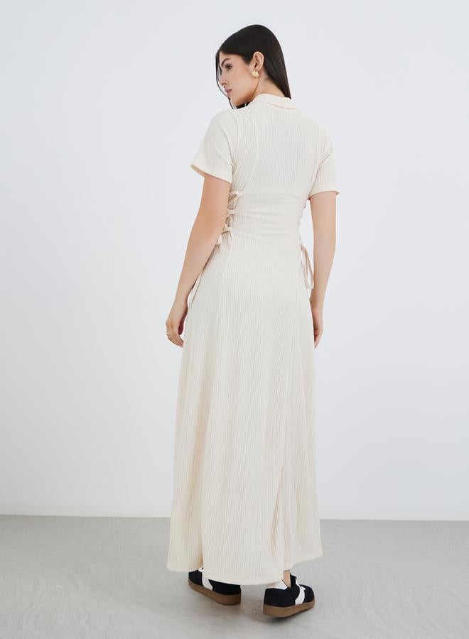 Styli Textured Waist Tie-Up Collared Maxi Dress - Image 5