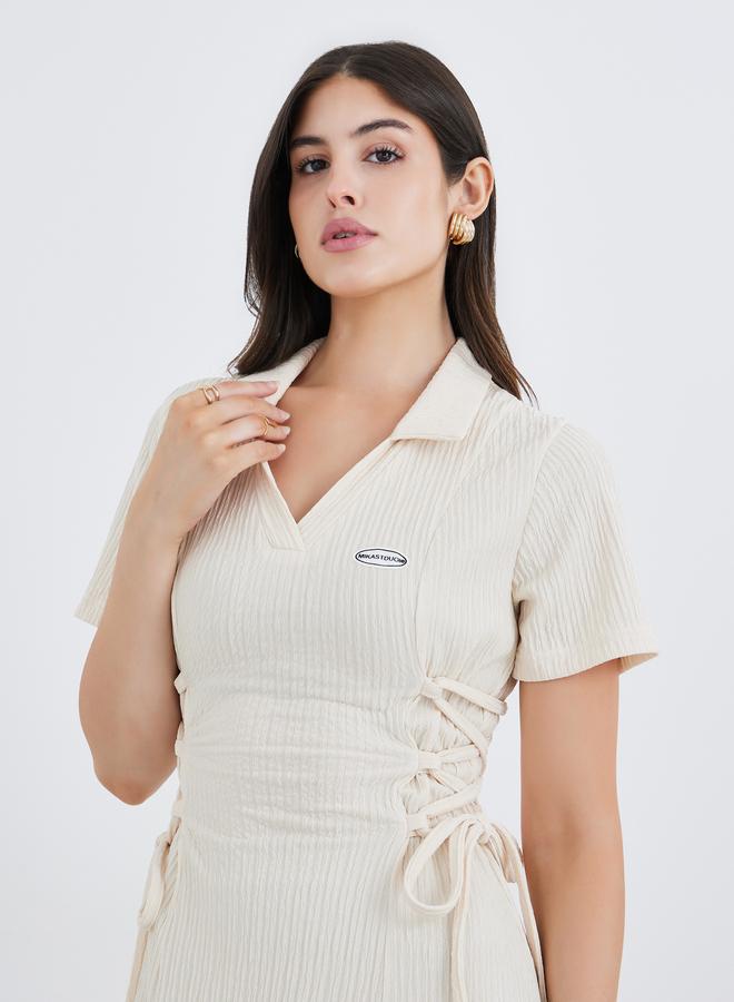 Styli Textured Waist Tie-Up Collared Maxi Dress - Image 4