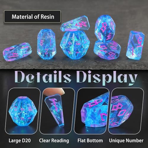 FONVGOGO Polyhedral Dice Set DND Dice Set Resin Dungeons and Dragons Gifts Ideas Role Playing RPG Dice Cool Dice 7 Piece D20 D12 D10 D8 D6 D4Blue and Purple - Image 5