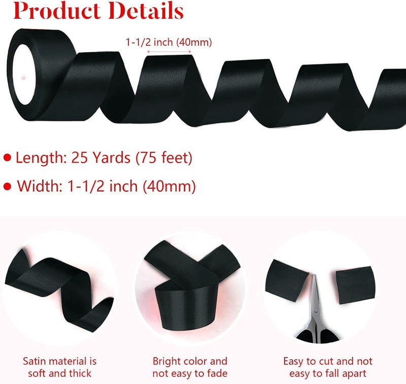 SUTOUG Black Satin Ribbon 1-1/2 Inch x 2 Rolls Black Wide Satin Fabric Ribbon for Gift Packaging, Christmas, Wedding, Flower Bouquet, Holiday Party, Invitation, Total 50 Yards - Image 2