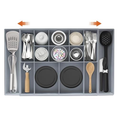 Dravina Expandable Kitchen Organizer Tray for Cutlery, Spices, Cosmetics & Stationery | Multipurpose Adjustable Drawer Organizer for Kitchen, Bedroom, Bathroom & Office Storage (Grey). - Image 1