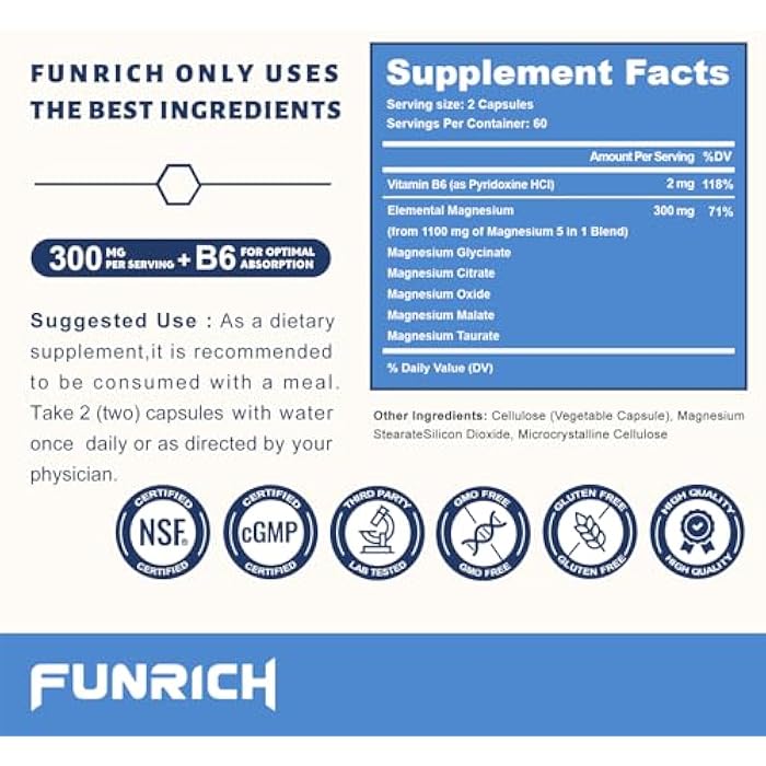 FUNRICH 5 in 1 Magnesium Complex Supplement w/Vitamin B6, Higher Absorption Magnesium Supplement - for Sleep, Nerves & Heart Health, Bones, Muscle, Recovery, Energy | Vegan Non-GMO, 120 Capsules - Image 4