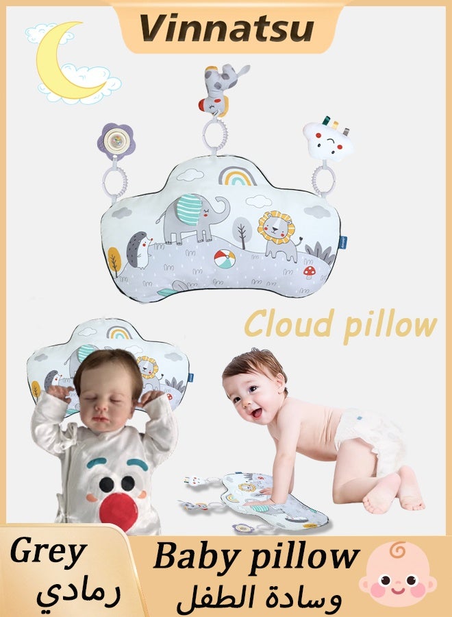 Vinnatsu Baby Pillow，Baby Play pillow with Bell, Teether, Rattle Paper,Baby Neck Support Pillow for Travel Soft Infant Head Support Cushion Baby's Head Shaping Pillow Babies and Toddler Bedding Grey Cute Shape Suitable for Gift Giving - Image 1
