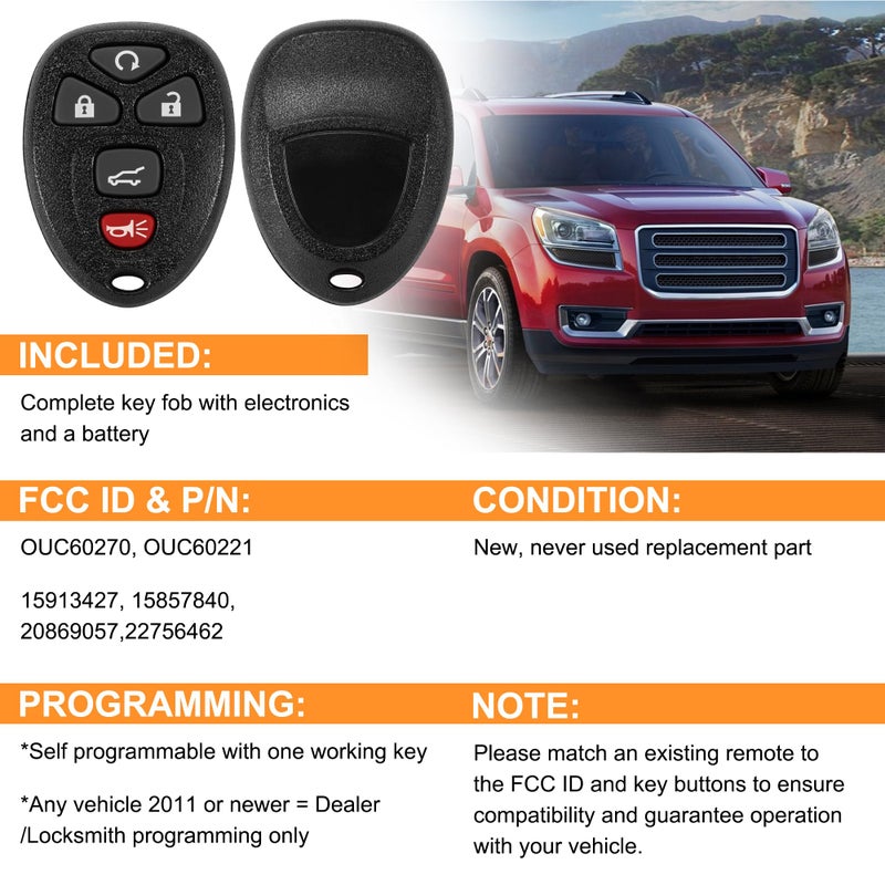 VOFONO Key Fob, Keyless Entry Remote Start Control Replacement Fits for GMC Acadia 2007-2016 Yukon XL/Chevy Suburban Tahoe Traverse/Cadillac Escalade SRX/Buick Enclave FCC ID: OUC60270, OUC60221, 15913415 - Image 3