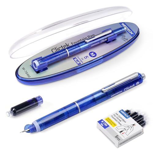 WRITECH Clictek Fountain Pen Retractable: Blue Ink Medium Nib Transparent Barrel, Gift Set Includes 5 Ink Cartridges for Smooth Writing No Leaking - Image 1
