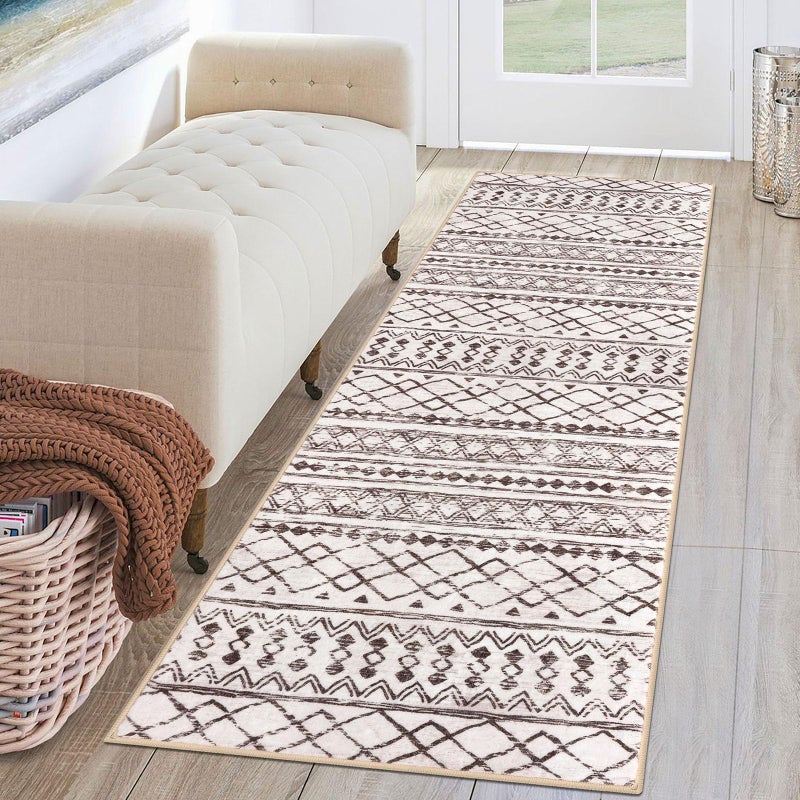 KUTA Moroccan Washable Hallway Runner Rug 2x6 Non-Slip Vintage Brown Cream Boho Runners Kitchen Rugs Ultra Soft Distressed Geometric Floor Carpet for Bedroom Laundry Living Room - Image 1