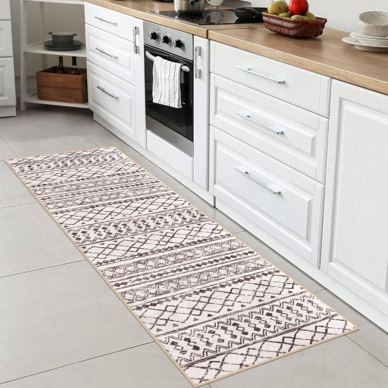KUTA Moroccan Washable Hallway Runner Rug 2x6 Non-Slip Vintage Brown Cream Boho Runners Kitchen Rugs Ultra Soft Distressed Geometric Floor Carpet for Bedroom Laundry Living Room - Image 3