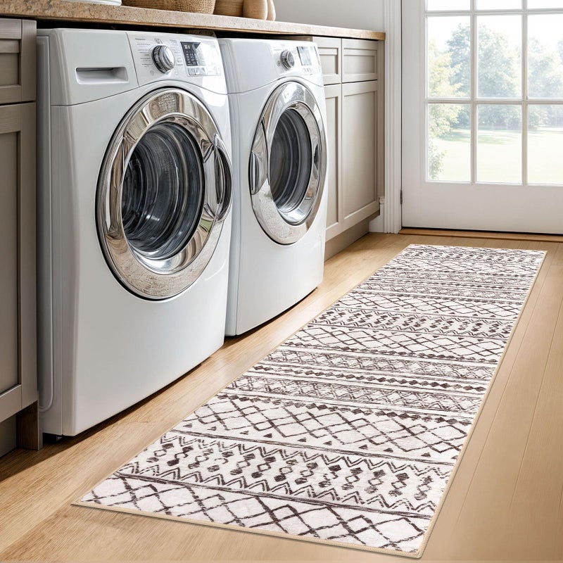 KUTA Moroccan Washable Hallway Runner Rug 2x6 Non-Slip Vintage Brown Cream Boho Runners Kitchen Rugs Ultra Soft Distressed Geometric Floor Carpet for Bedroom Laundry Living Room - Image 4