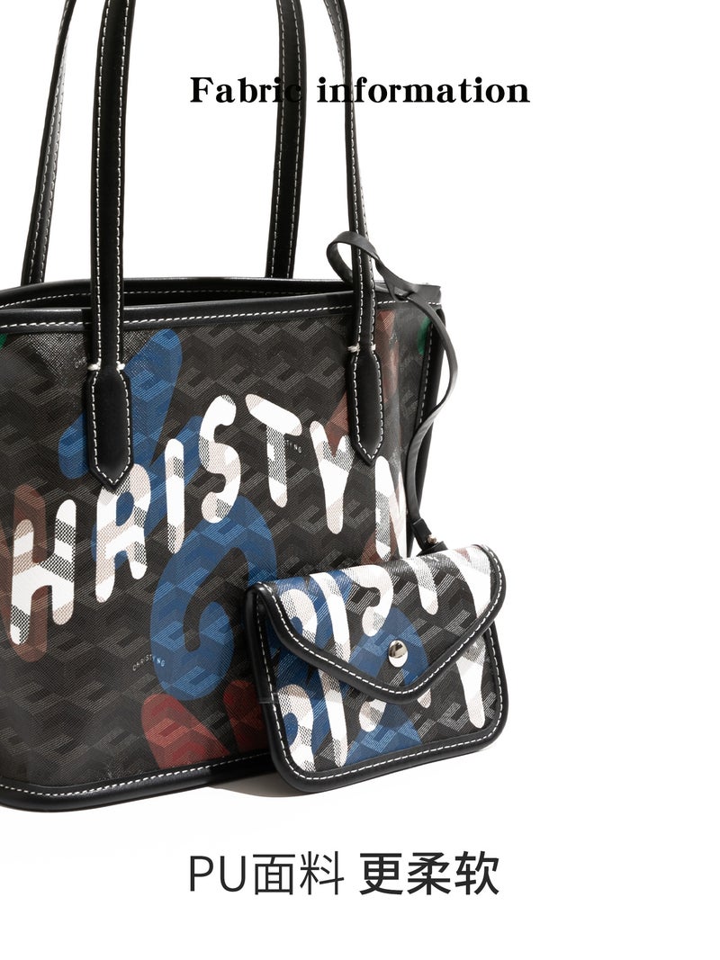 Orange Girl Graffiti Letter Design Pu Bag Accessible Luxury High-End Handbag Vegetable Basket Shoulder Bag - Image 4