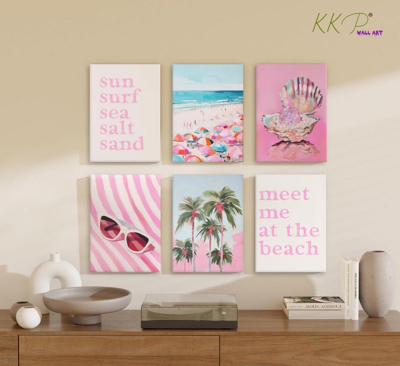 KKP Pink Coastal Canvas Wall Art Beach Preppy Room Decor Colorful Beach Umbrella Palm Tree Picture Wall Decor Disco Shell Beachy Quotes Poster Print Artwork for Teen Girls Dorm Wrapped Canvas 8x10 in - Image 2