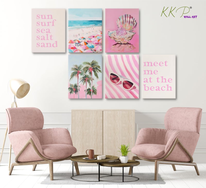 KKP Pink Coastal Canvas Wall Art Beach Preppy Room Decor Colorful Beach Umbrella Palm Tree Picture Wall Decor Disco Shell Beachy Quotes Poster Print Artwork for Teen Girls Dorm Wrapped Canvas 8x10 in - Image 3