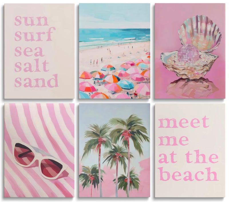 KKP Pink Coastal Canvas Wall Art Beach Preppy Room Decor Colorful Beach Umbrella Palm Tree Picture Wall Decor Disco Shell Beachy Quotes Poster Print Artwork for Teen Girls Dorm Wrapped Canvas 8x10 in - Image 1