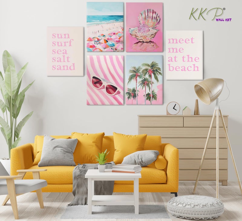 KKP Pink Coastal Canvas Wall Art Beach Preppy Room Decor Colorful Beach Umbrella Palm Tree Picture Wall Decor Disco Shell Beachy Quotes Poster Print Artwork for Teen Girls Dorm Wrapped Canvas 8x10 in - Image 5