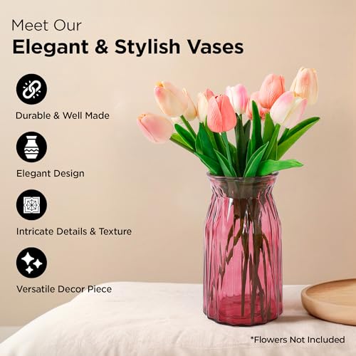 UMAI Glass Vase for Home Decor Center Table Decorative Items| Flower Vases for Home Decor| Dining Table Decorative Items| Transparent Flower Vase for Living Room, Office, Bookshelf (2Pcs- Red) - Image 3