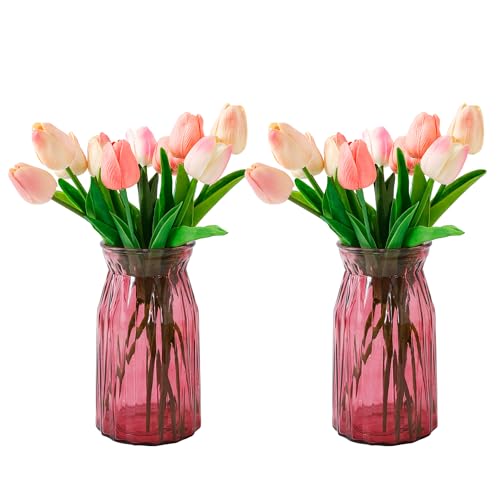 UMAI Glass Vase for Home Decor Center Table Decorative Items| Flower Vases for Home Decor| Dining Table Decorative Items| Transparent Flower Vase for Living Room, Office, Bookshelf (2Pcs- Red) - Image 2