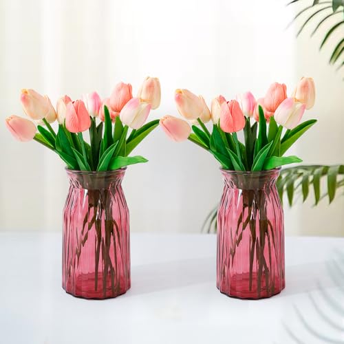 UMAI Glass Vase for Home Decor Center Table Decorative Items| Flower Vases for Home Decor| Dining Table Decorative Items| Transparent Flower Vase for Living Room, Office, Bookshelf (2Pcs- Red) - Image 1