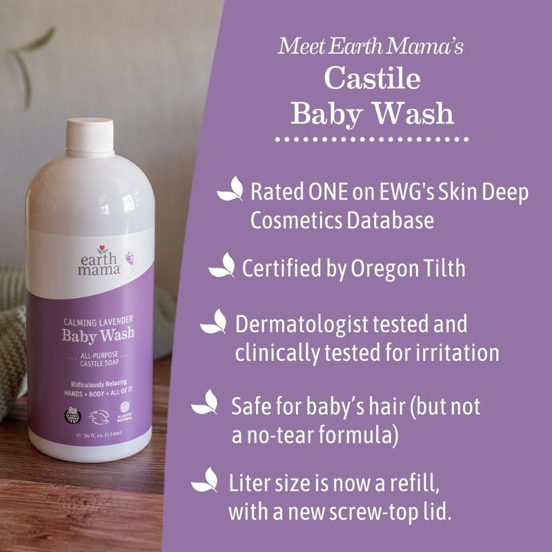 Earth Mama Calming Lavender Baby Wash Liquid Hand Soap Refill, Organic Body Wash for Sensitive Skin, All Purpose Castile Soap Liquid with Coconut Oil, Shea Butter, Calendula & Aloe, 34 fl oz Water rust proof - Image 4