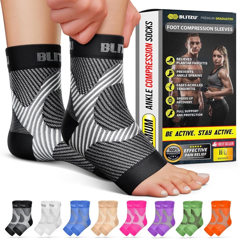 BLITZU Compression Socks for Plantar Fasciitis, Achilles Tendonitis, Arthritis Relief, Ankle Brace Compression Sleeve with Foot Arch Support, Ankle Wrap for Women, Men, Swelling & Heel Pain Black L-XL - Image 1