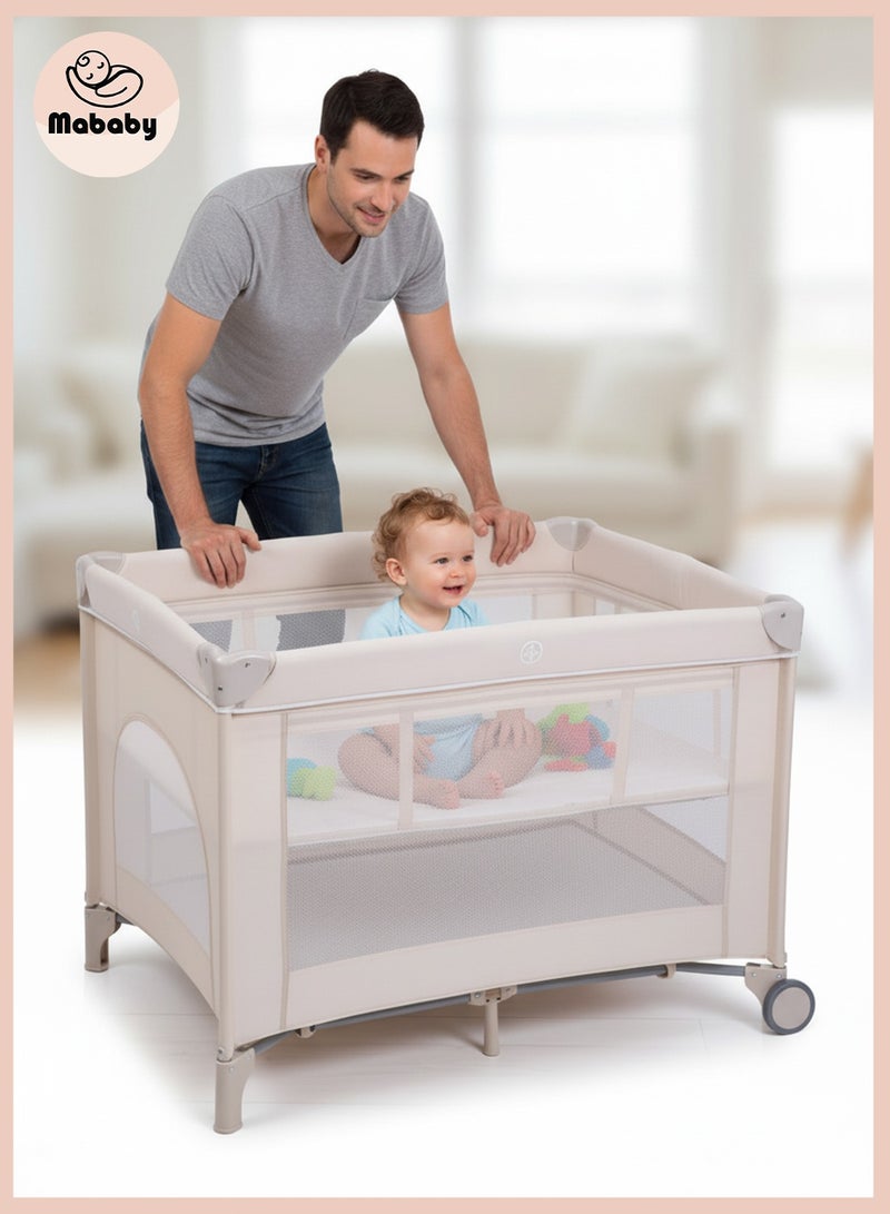 Mababy Double layered baby crib Multifunctional Baby Bed, Portable And Foldable Play Cots (with Wheels) - Image 1