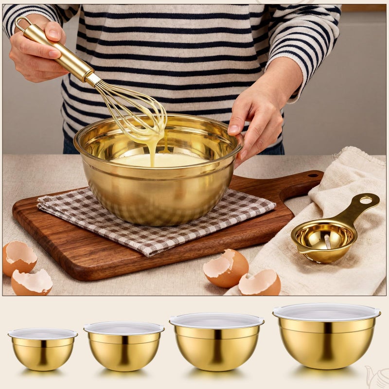 LemonRoad 8 Pcs Gold Kitchen Accessories Set Includes 1.5/2/2.8/3.6 Qt Gold Mixing Bowls with Airtight Lids, 1 Set Stainless Steel Measuring Cups, Grater Slicer with Handle, Egg Beater, Egg Separator - Image 4