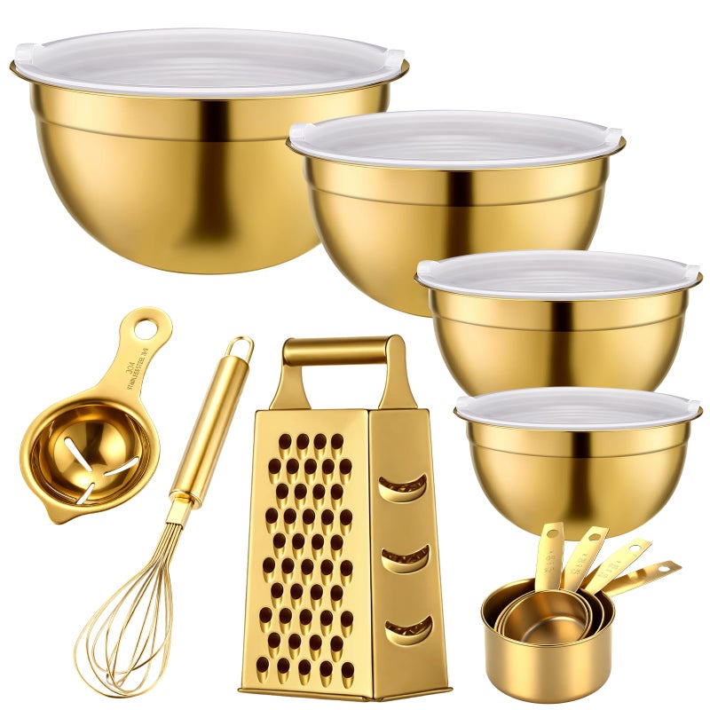 LemonRoad 8 Pcs Gold Kitchen Accessories Set Includes 1.5/2/2.8/3.6 Qt Gold Mixing Bowls with Airtight Lids, 1 Set Stainless Steel Measuring Cups, Grater Slicer with Handle, Egg Beater, Egg Separator - Image 1