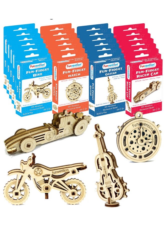 Funvention - Funvention Fun Fidgets Assorted (6 x 4 DIY Miniature Mechanical Models Bike, Car, Guitar & Watch) Pack of 24 - Birthday Return Gifts Party Pack Return Favors for Kids Art & Craft STEM Learning Toys - Image 1