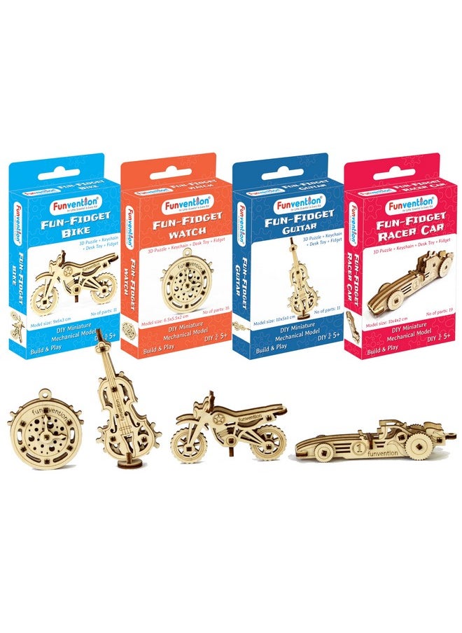 Funvention - Funvention Fun Fidgets Assorted (6 x 4 DIY Miniature Mechanical Models Bike, Car, Guitar & Watch) Pack of 24 - Birthday Return Gifts Party Pack Return Favors for Kids Art & Craft STEM Learning Toys - Image 1