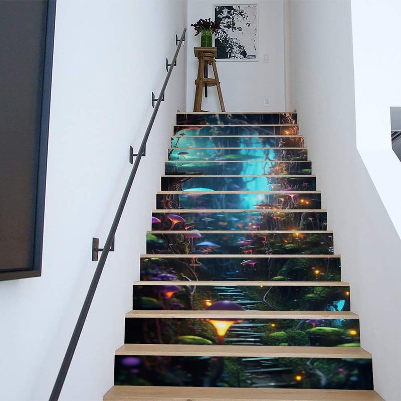 REDAMANCY Blue Purple Wonderland Mushroom Forest Exotic Plants Peel and Stick Vinyl Stair Riser Decals Staircase Tile Stickers Decor Modern Marble Decoration Self-Adhesive(14 Pcs) - Image 4