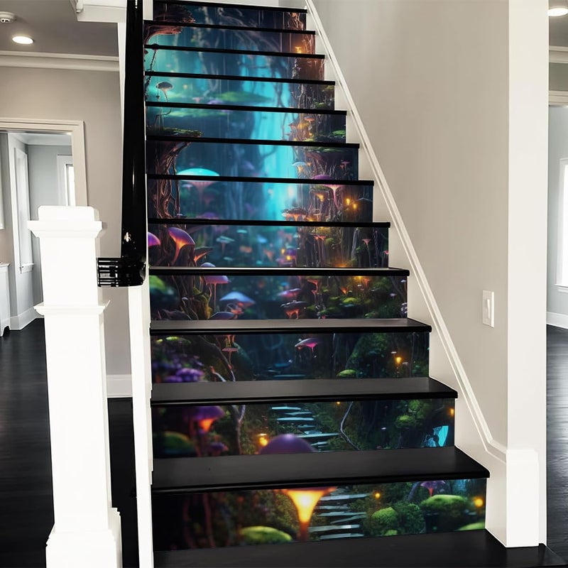 REDAMANCY Blue Purple Wonderland Mushroom Forest Exotic Plants Peel and Stick Vinyl Stair Riser Decals Staircase Tile Stickers Decor Modern Marble Decoration Self-Adhesive(14 Pcs) - Image 1