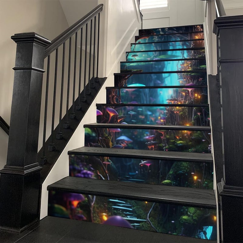 REDAMANCY Blue Purple Wonderland Mushroom Forest Exotic Plants Peel and Stick Vinyl Stair Riser Decals Staircase Tile Stickers Decor Modern Marble Decoration Self-Adhesive(14 Pcs) - Image 2