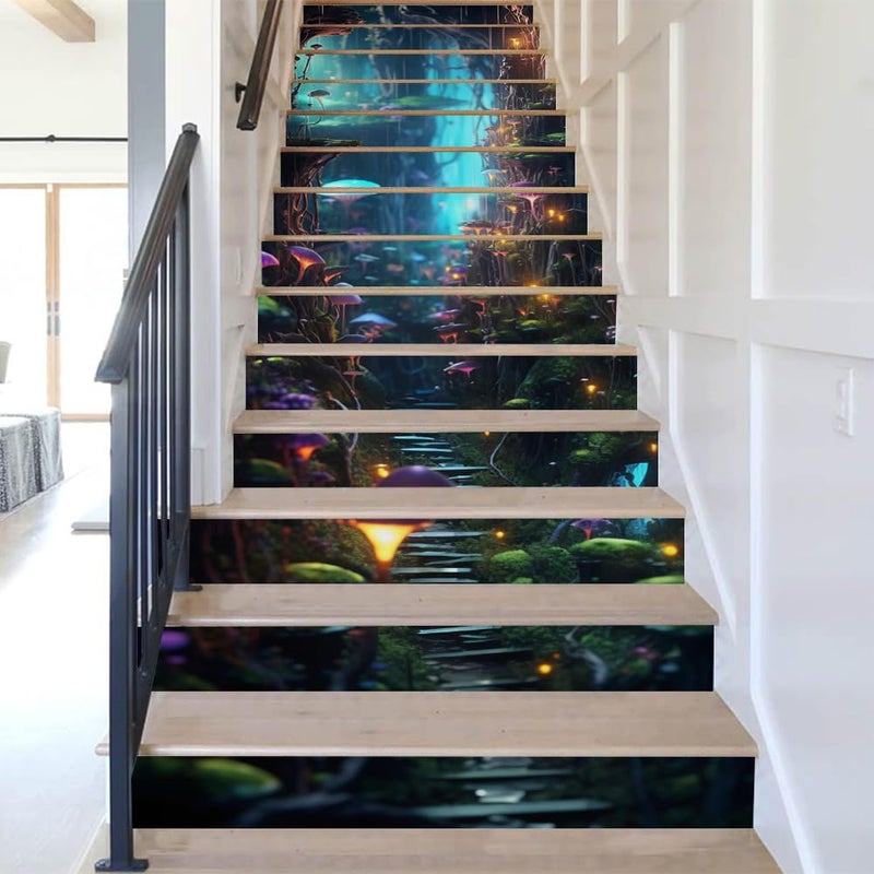 REDAMANCY Blue Purple Wonderland Mushroom Forest Exotic Plants Peel and Stick Vinyl Stair Riser Decals Staircase Tile Stickers Decor Modern Marble Decoration Self-Adhesive(14 Pcs) - Image 5