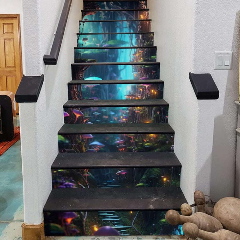 REDAMANCY Blue Purple Wonderland Mushroom Forest Exotic Plants Peel and Stick Vinyl Stair Riser Decals Staircase Tile Stickers Decor Modern Marble Decoration Self-Adhesive(14 Pcs) - Image 3