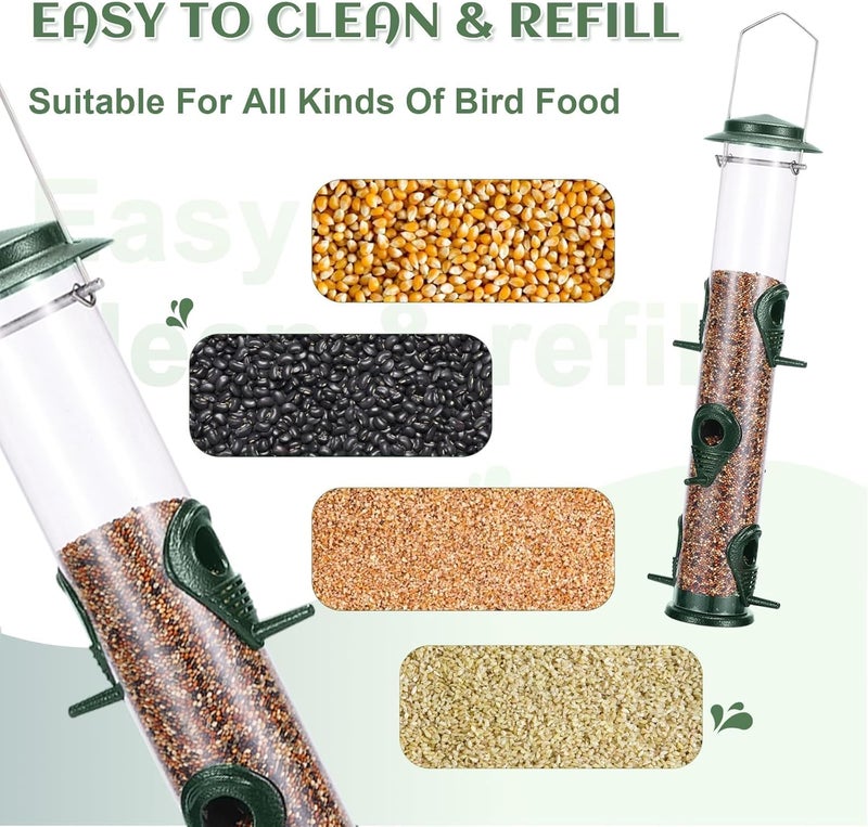 MIXXIDEA مغذي طيور الطنان من ميكس أيديا، مغذيات الطيور المقاومة للسناجب للخارج، مغذي الطيور البرية المعدني المعلق ذو 6 فتحات أنبوبي، مغذي العصافير الشفاف مع علاقة فولاذية – مغذي بذور الطيور الأخضر - Image 1