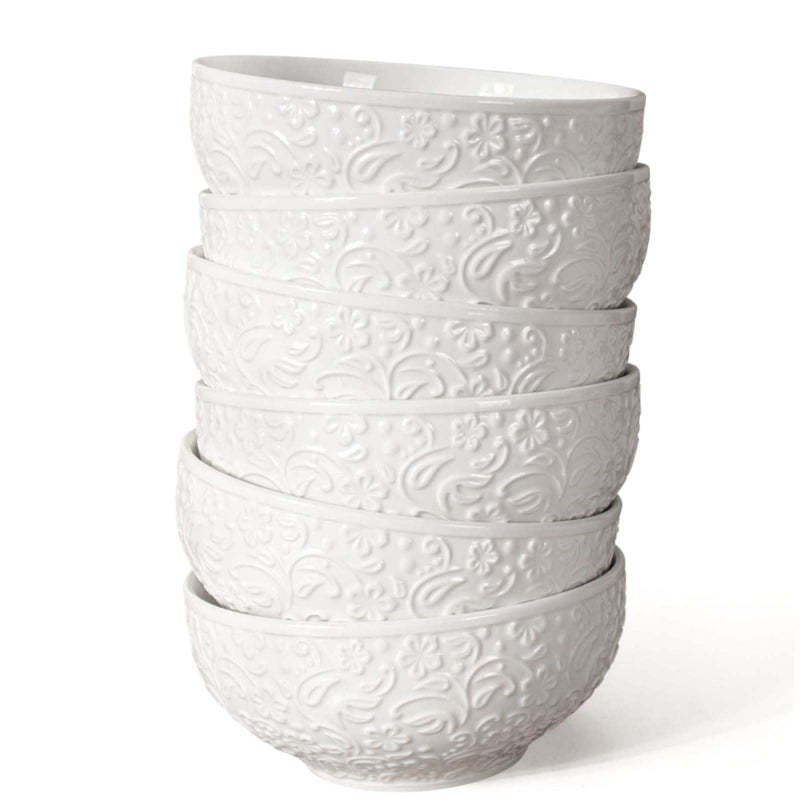 Artena Ceramic Cereal Bowls 26 OZ, Embossment Soup Bowls for Kitchen, Rice, Pasta, Salad, Breakfast, Lunch, Dinner - 6 Inch, Set of 6, White, Dishwasher & Microwave Safe, Flower - Image 1
