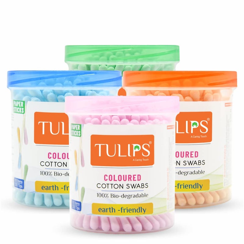 TULIPS Cotton Ear BudsSwabs Pack of 4 Multicolor made of White PAPER Stick 100200 Tips in a Jar - Image 1