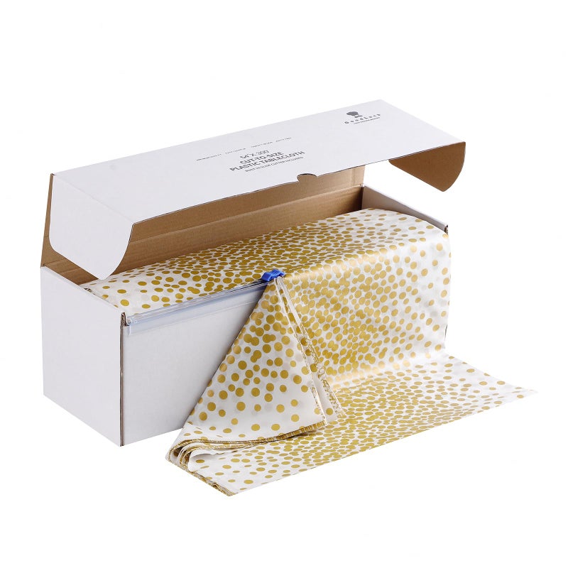 Goodluck 54 Inch X 300 Feet Plastic Table Cloths with Cutter Box, Gold Disposable Table Cover Roll, Plastic Tablecloth for Party, Wedding, Birthday, Anniversary, Event, White Gold Dot - Image 1