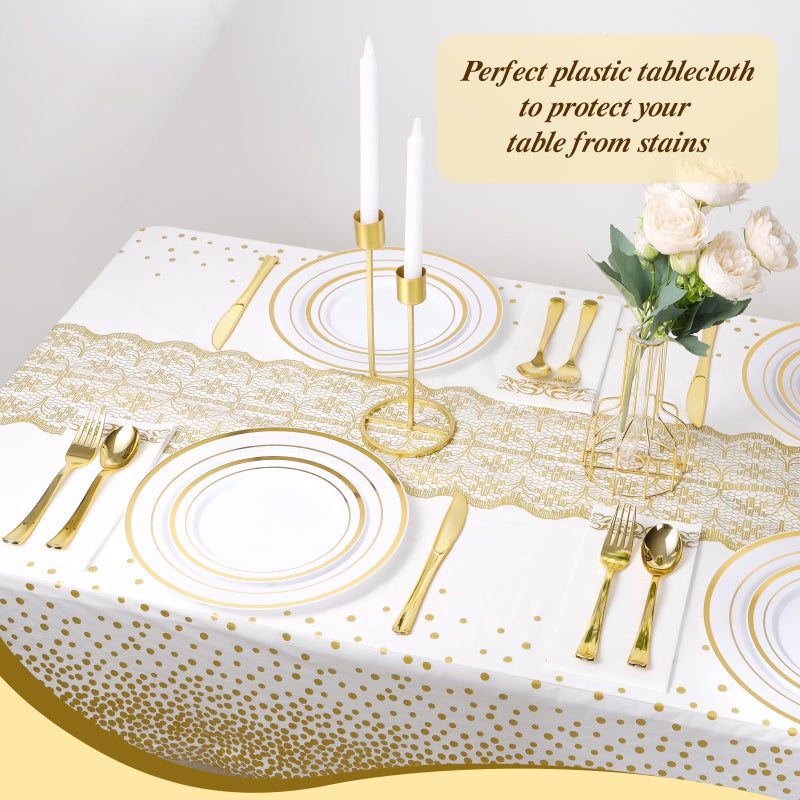 Goodluck 54 Inch X 300 Feet Plastic Table Cloths with Cutter Box, Gold Disposable Table Cover Roll, Plastic Tablecloth for Party, Wedding, Birthday, Anniversary, Event, White Gold Dot - Image 5