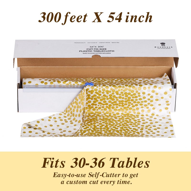 Goodluck 54 Inch X 300 Feet Plastic Table Cloths with Cutter Box, Gold Disposable Table Cover Roll, Plastic Tablecloth for Party, Wedding, Birthday, Anniversary, Event, White Gold Dot - Image 4