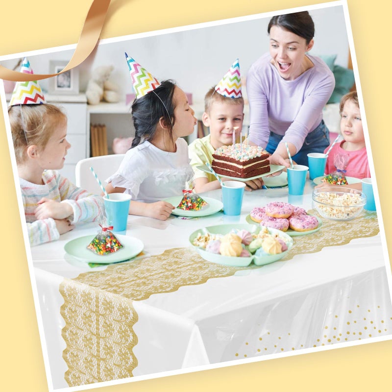 Goodluck 54 Inch X 300 Feet Plastic Table Cloths with Cutter Box, Gold Disposable Table Cover Roll, Plastic Tablecloth for Party, Wedding, Birthday, Anniversary, Event, White Gold Dot - Image 2