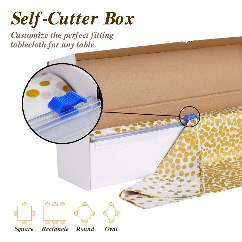 Goodluck 54 Inch X 300 Feet Plastic Table Cloths with Cutter Box, Gold Disposable Table Cover Roll, Plastic Tablecloth for Party, Wedding, Birthday, Anniversary, Event, White Gold Dot - Image 3