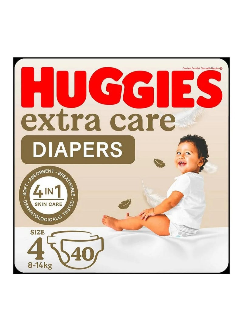 Huggies Extra Care Tape Stye Diapers, 40 Pieces, Size 4, 8-14kg - 12h Protection, Dermatologist Approved, Breathable - Image 1