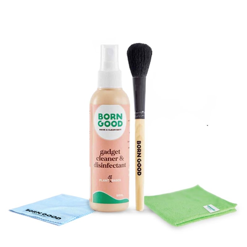 Born Good 4-in-1 Plant-Based Electronics & Gadget Disinfectant Cleaner Kit - Non-Toxic Formula for Laptop, Smartphone, Monitor, Tablet, Camera, TVs - 2 Microfiber Cloths & Soft Brush (100ml) - Image 1