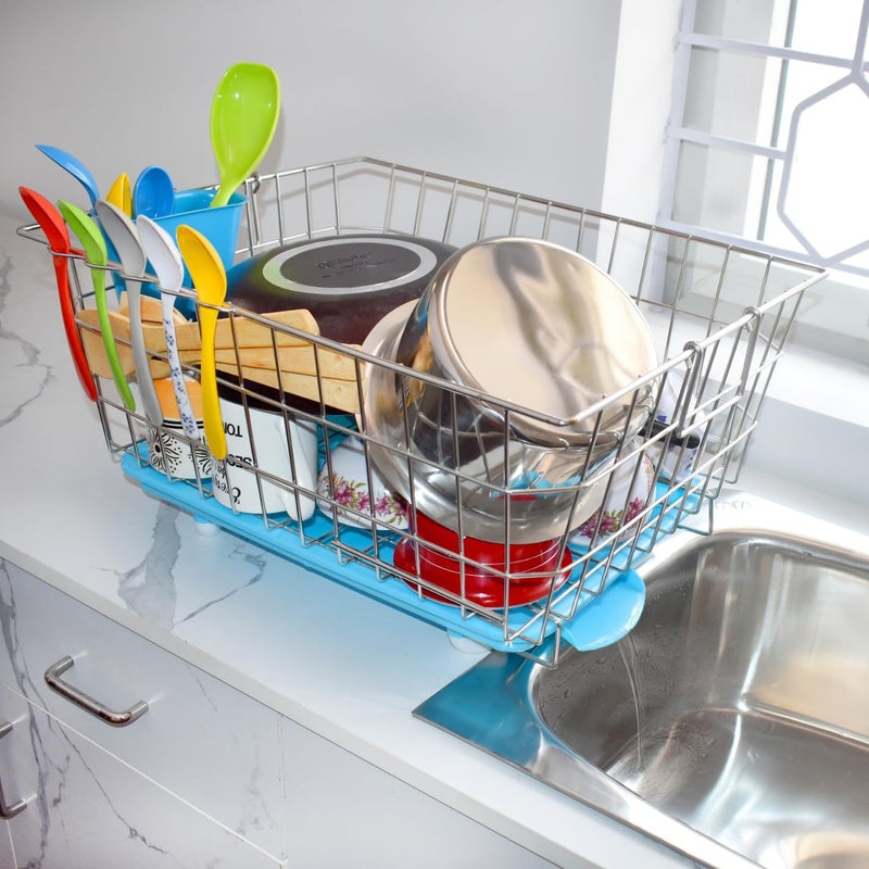 EASELIVING EASELIVING Stainless Steel Dish Drainer with Automatic Water Drain Tray Durable Utensils Basket with Spoon Holder Dish Rack for Kitchen Organization Large Size 56x43x19 cm  - Image 2