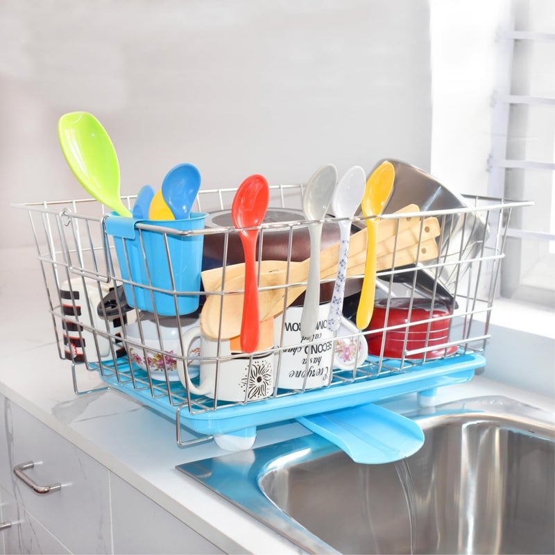 EASELIVING EASELIVING Stainless Steel Dish Drainer with Automatic Water Drain Tray Durable Utensils Basket with Spoon Holder Dish Rack for Kitchen Organization Large Size 56x43x19 cm  - Image 1