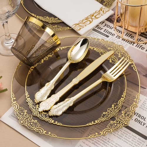Bestluck 350PCS Clear Black Plastic Plates for 50 Guests, Disposable Plates with Gold Trim include 50 Dinner and Dessert Plates, 150 Gold Silverware, 50 Cups, 50 Napkins for Party & Graduation - Image 3