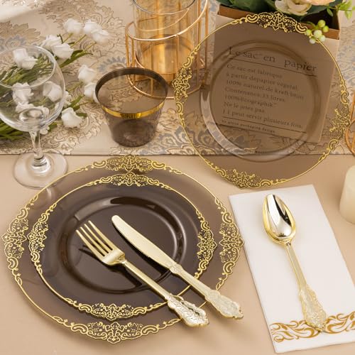 Bestluck 350PCS Clear Black Plastic Plates for 50 Guests, Disposable Plates with Gold Trim include 50 Dinner and Dessert Plates, 150 Gold Silverware, 50 Cups, 50 Napkins for Party & Graduation - Image 5