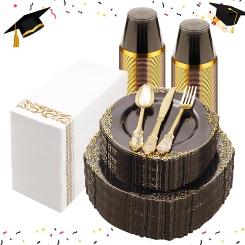 Bestluck 350PCS Clear Black Plastic Plates for 50 Guests, Disposable Plates with Gold Trim include 50 Dinner and Dessert Plates, 150 Gold Silverware, 50 Cups, 50 Napkins for Party & Graduation - Image 1