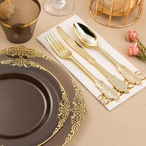 Bestluck 350PCS Clear Black Plastic Plates for 50 Guests, Disposable Plates with Gold Trim include 50 Dinner and Dessert Plates, 150 Gold Silverware, 50 Cups, 50 Napkins for Party & Graduation - Image 4