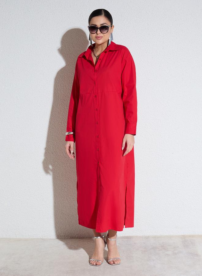 SASSAFRAS Red Poplin Buttoned Shirt Maxi Dress - Image 5
