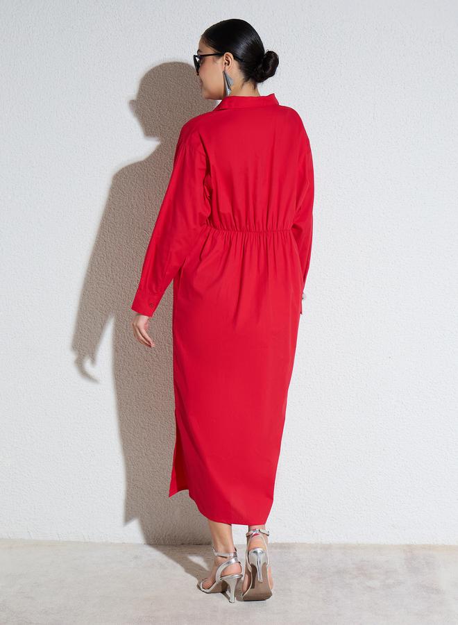 SASSAFRAS Red Poplin Buttoned Shirt Maxi Dress - Image 3